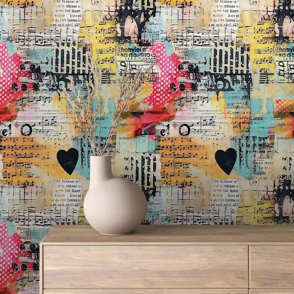 Heart and Harmony Score Collage Peel & Stick Wallpaper – Collage 0017