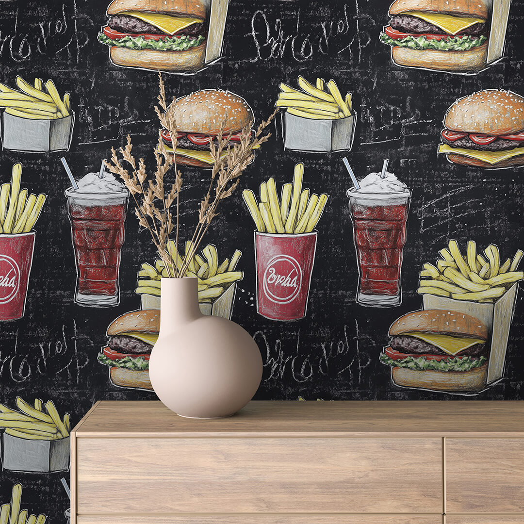 Classic Diner Burger Chalkboard Wallpaper mockup