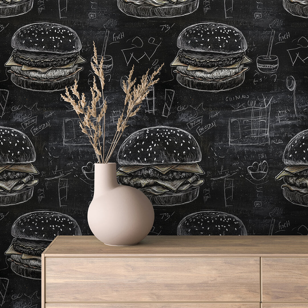 Gourmet Black Bun Burger Chalkboard Wallpaper mockup