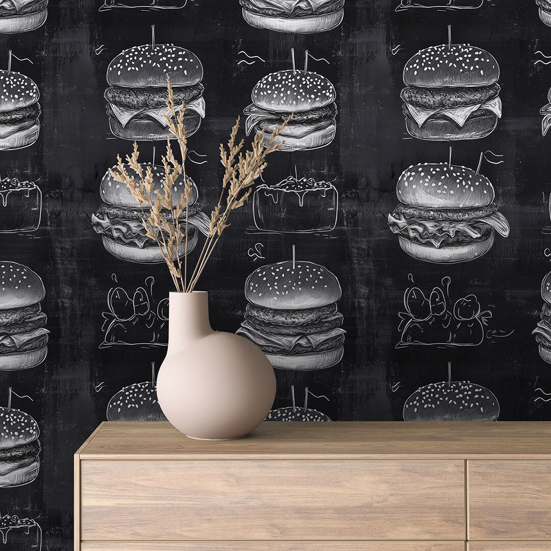 Retro Diner Sketch Burger Chalkboard Wallpaper mockup