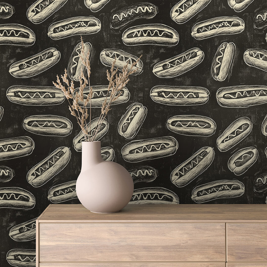 Classic Hot Dog Chalkboard Wallpaper mockup