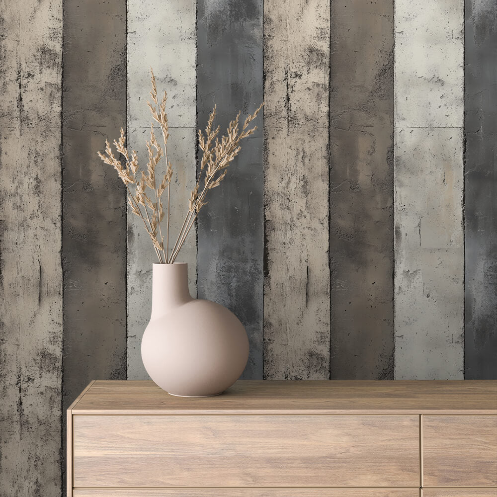 Charcoal and Taupe Pitted Plank Peel & Stick Wallpaper – Concrete 0063