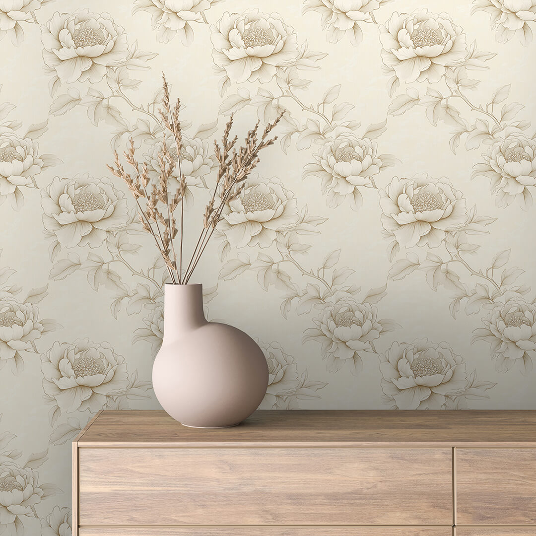 Cream Line-Art Peony Wallpaper Floral 0010