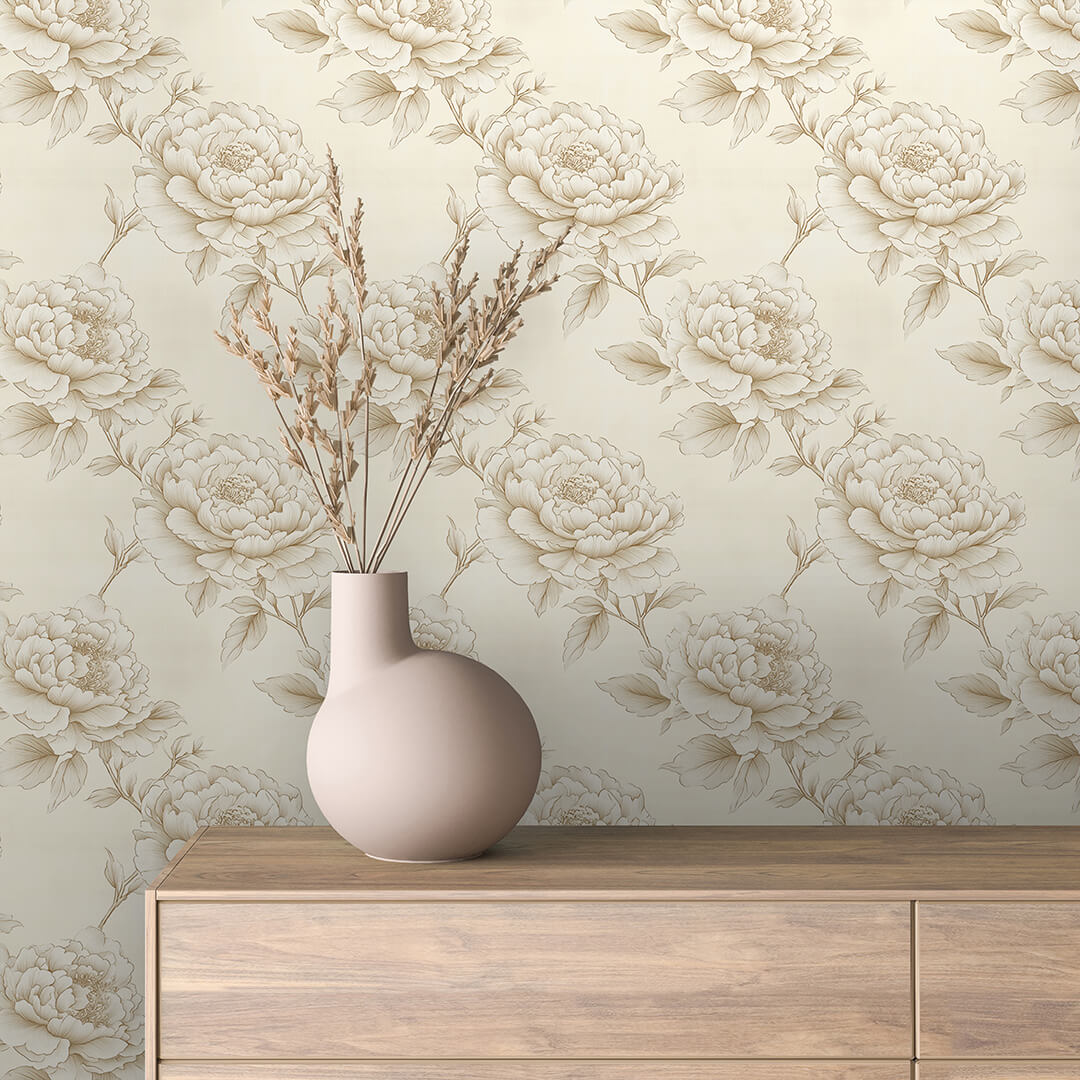Sepia Line-Art Peony Wallpaper Floral 0011