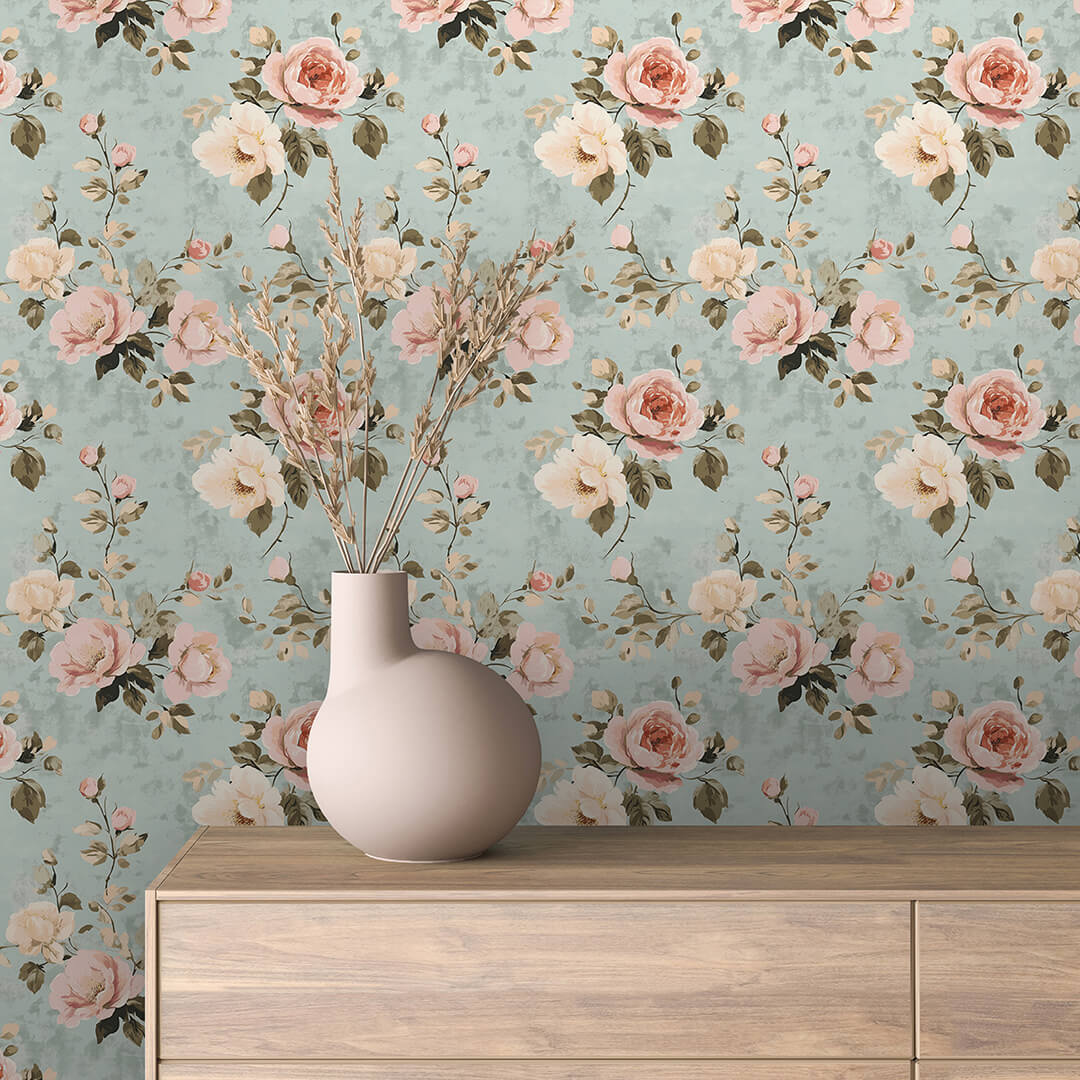 Duck Egg Blue Rose Wallpaper Floral 0016