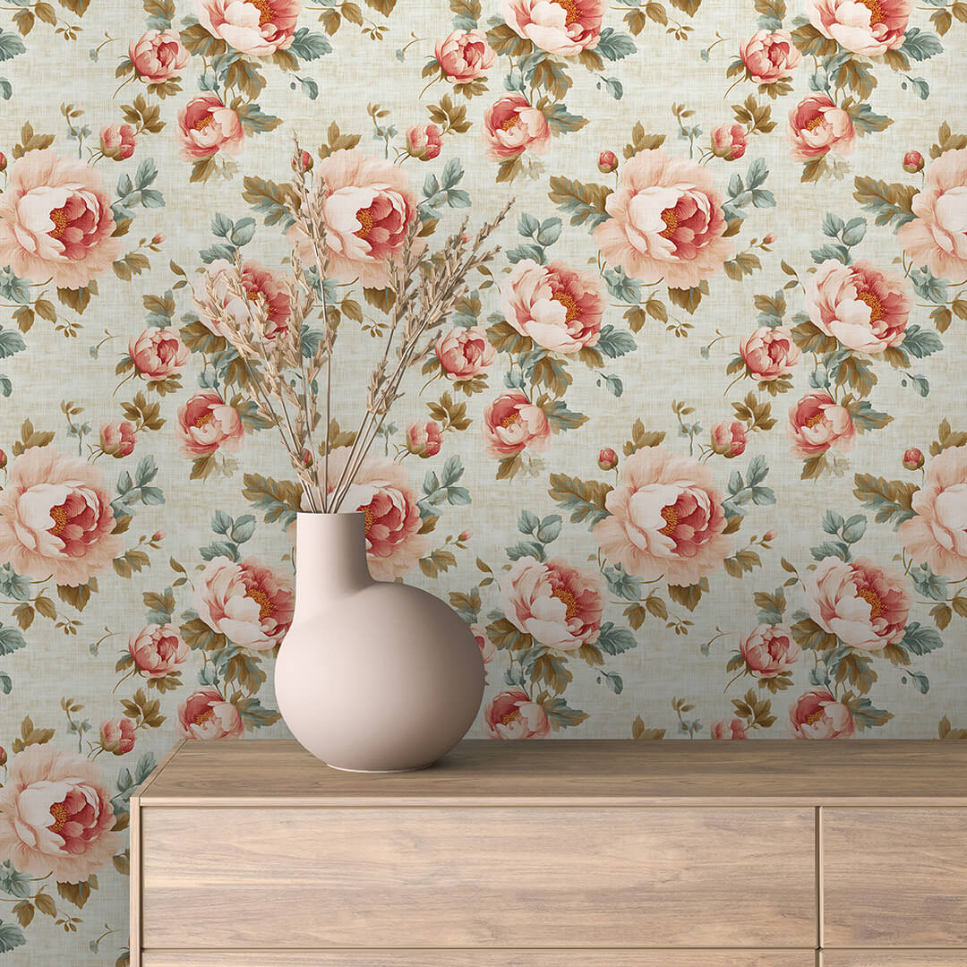 Coral Peony Linen Wallpaper Floral 0017