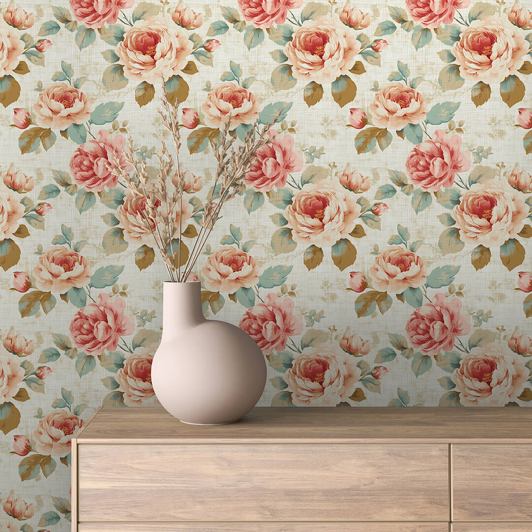 Coral Rose Teal Leaf Wallpaper Floral 0018