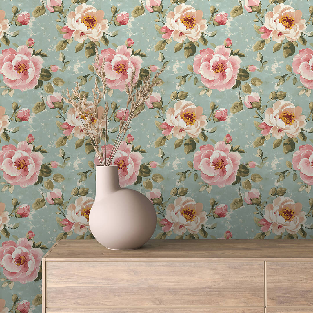 Teal Pink Peony Wallpaper Floral 0019