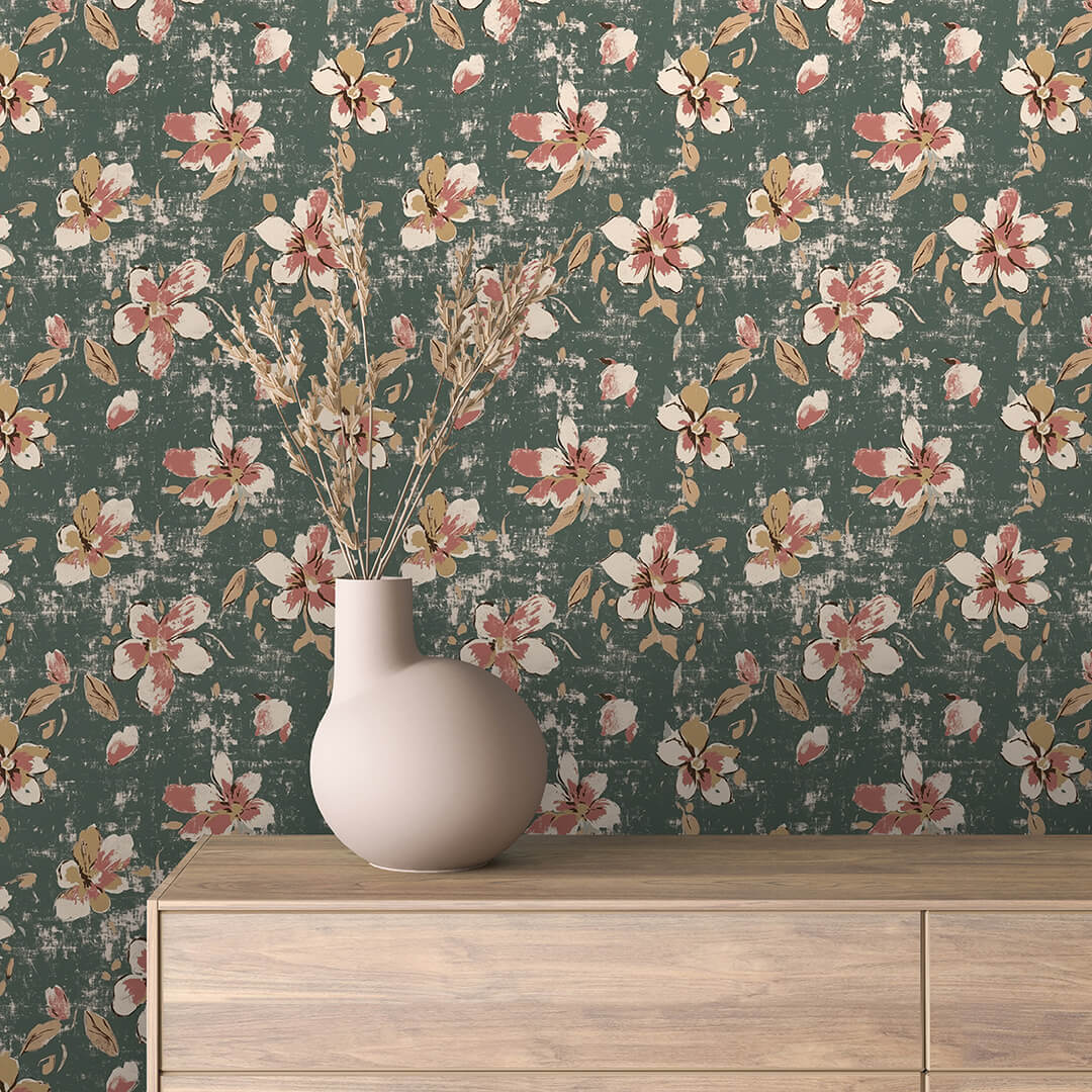 Forest Green Painterly Blossom Wallpaper Floral 0021