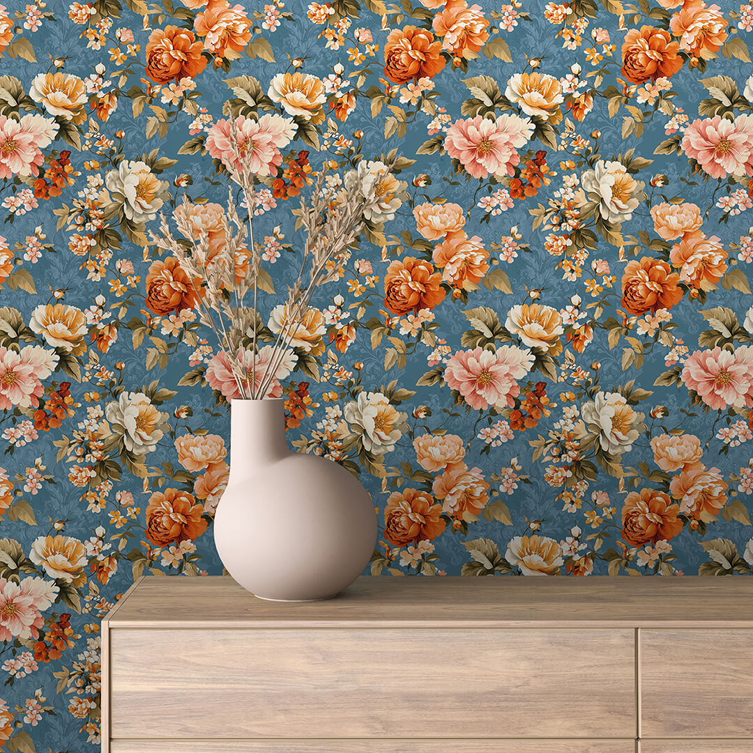 Denim Blue Vintage Peony Wallpaper Floral 0022