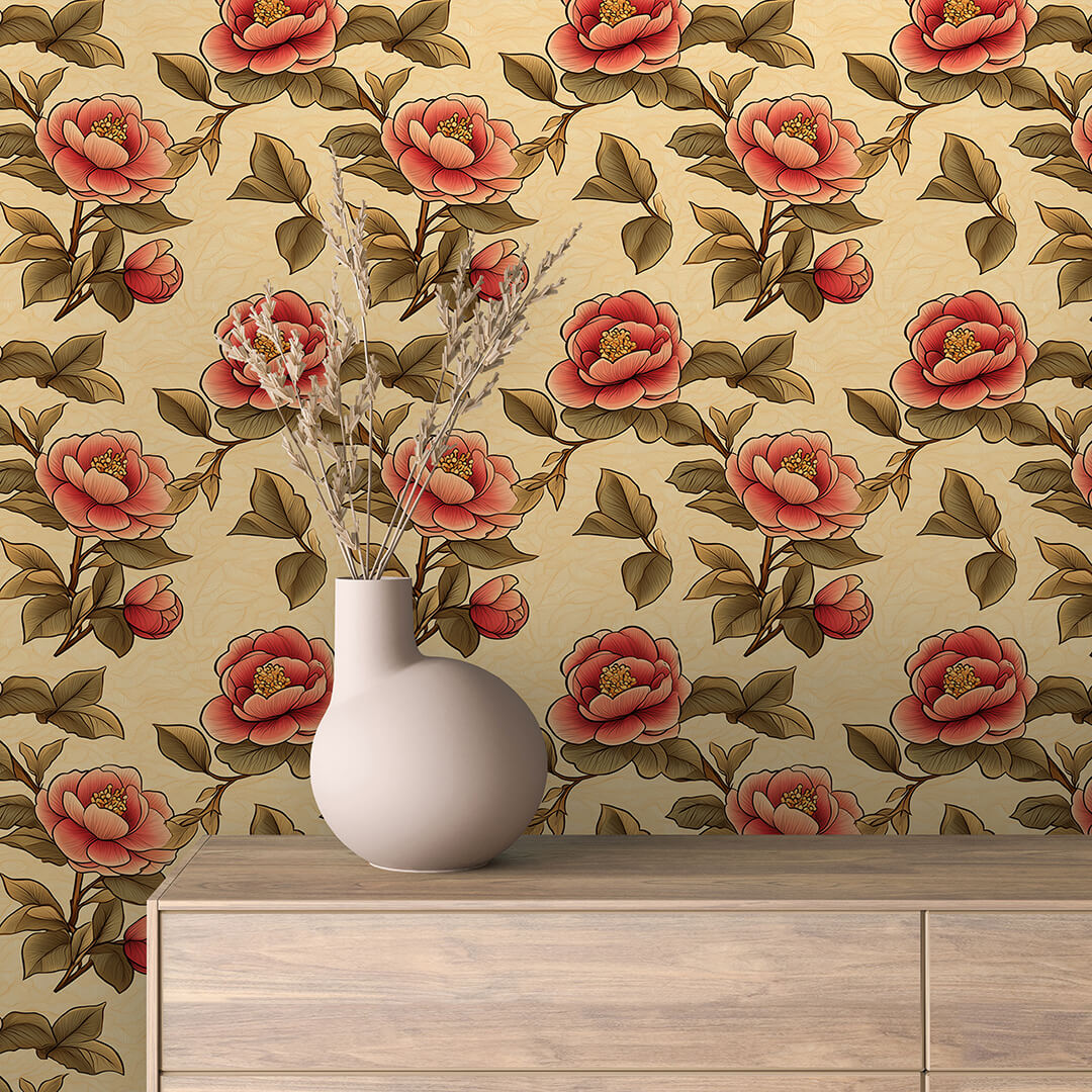 Golden Camellia Illustrated Wallpaper Floral 0023