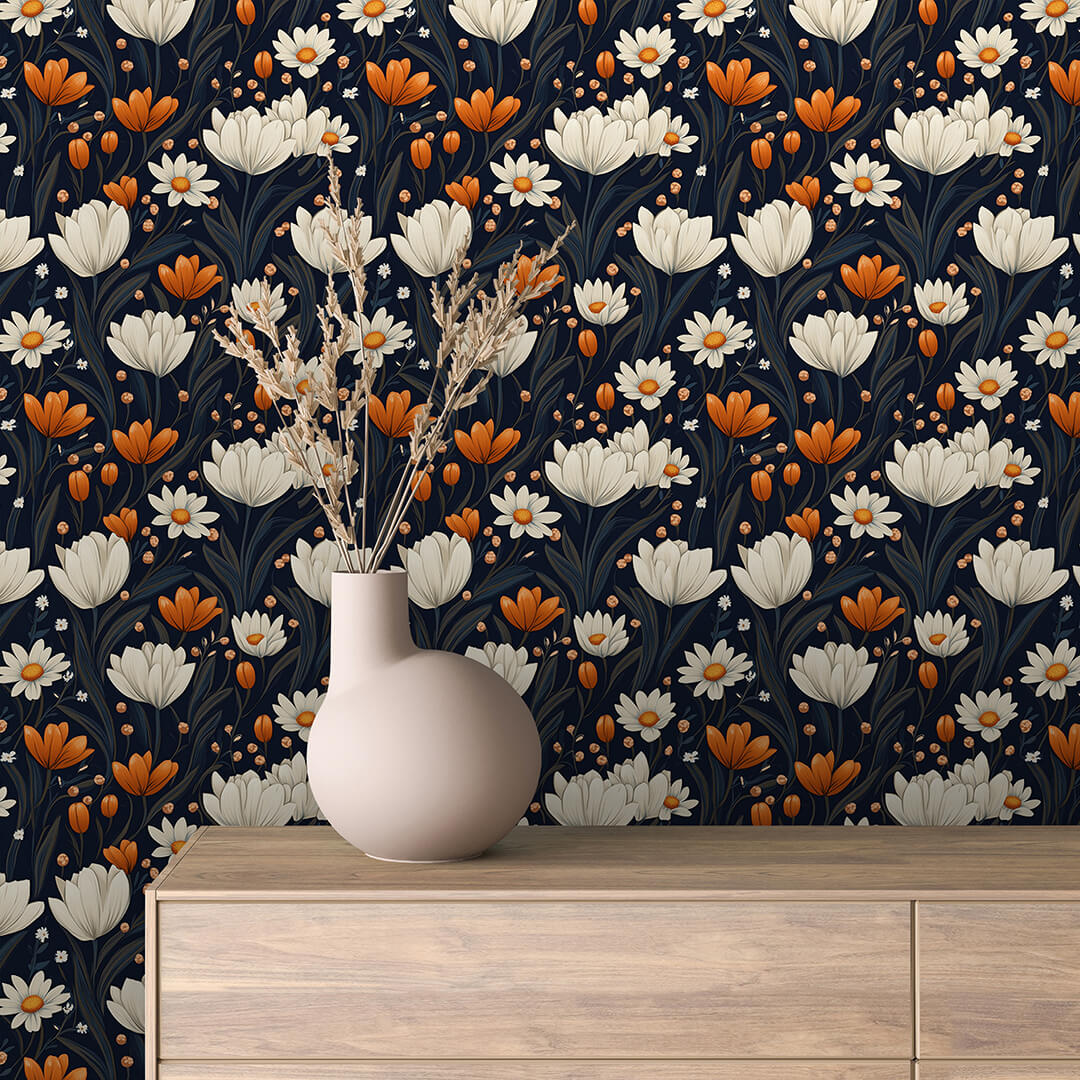 Navy Tulip Daisy Wallpaper Floral 0030
