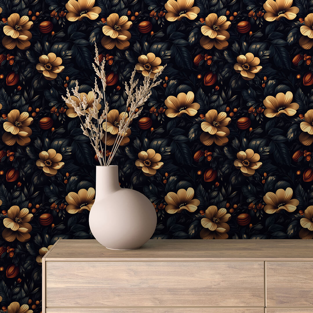 Black Gold Berry Floral Wallpaper Floral 0031