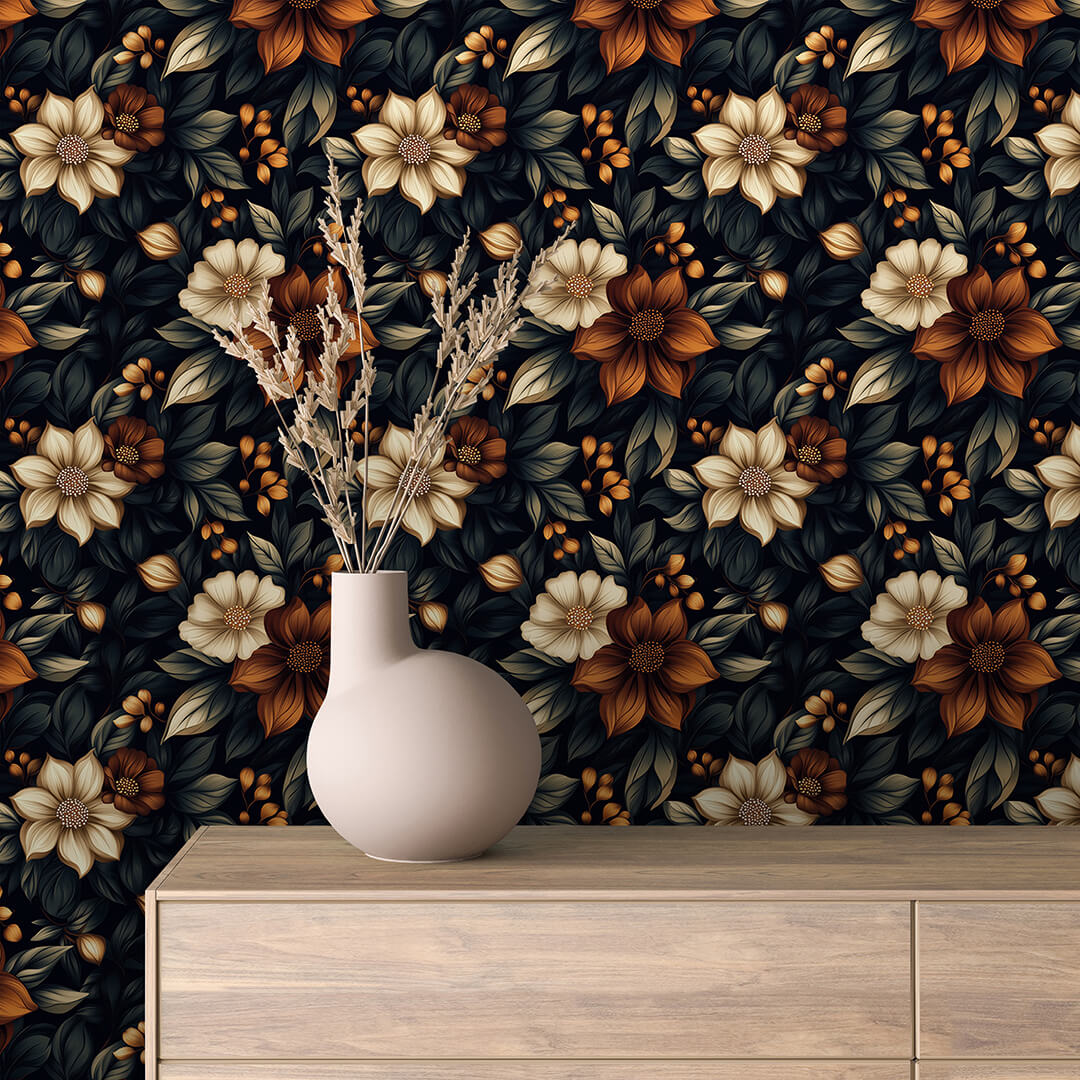 Black Cream Star Bloom Wallpaper Floral 0033