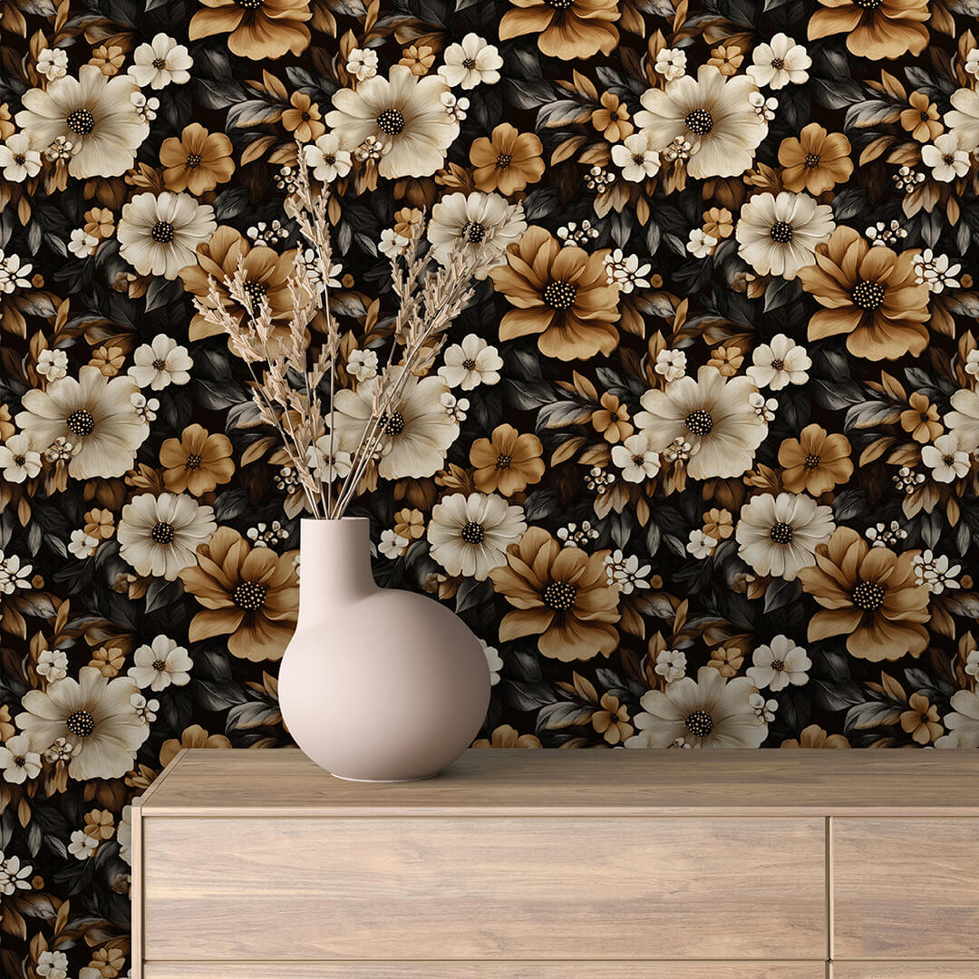 Black Ivory Daisy Bloom Wallpaper Floral 0034