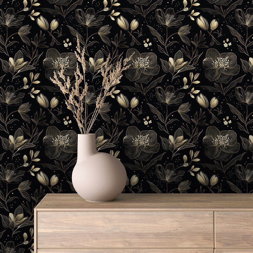Black Gold Line-Art Floral Wallpaper Floral 0035
