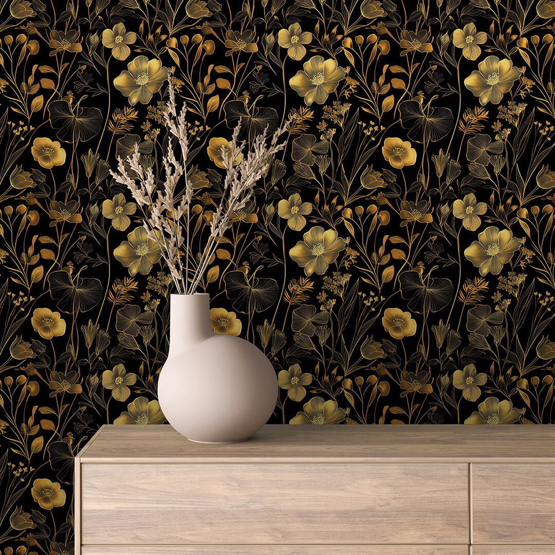 Black Olive Gold Wildflower Wallpaper Floral 0037