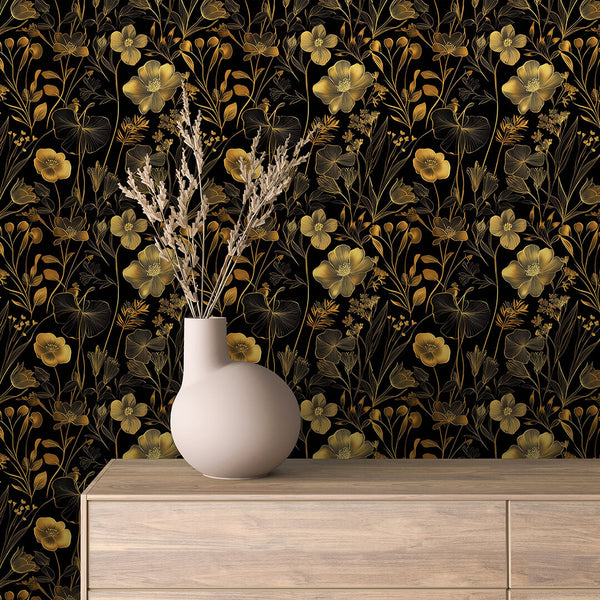 Black Olive Gold Wildflower Peel & Stick Wallpaper – Floral 0037