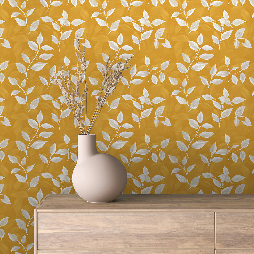 Mustard Gold Leaf Sprig Wallpaper Floral 0039