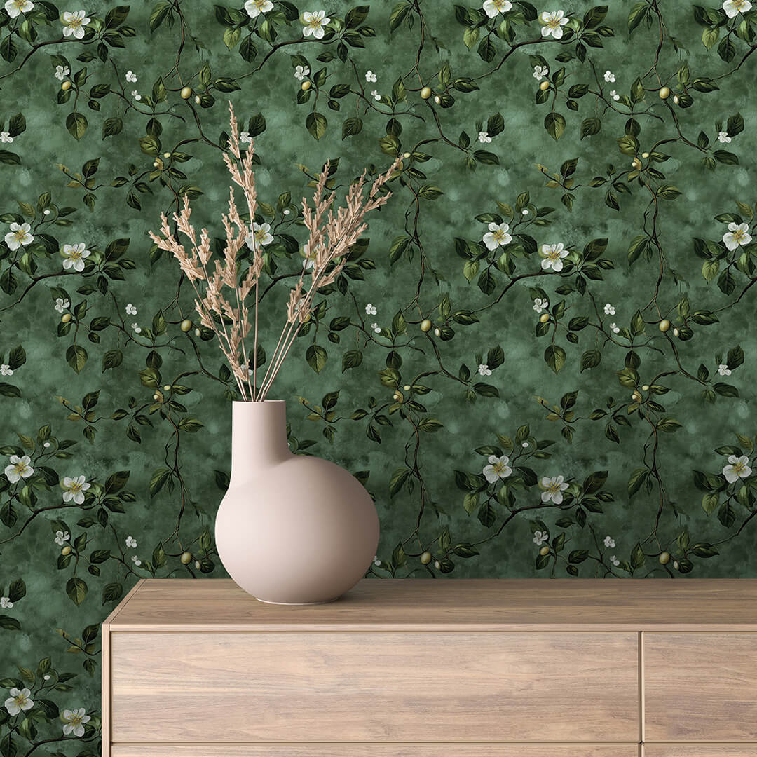 Deep Green Blossom Vine Wallpaper Floral 0042
