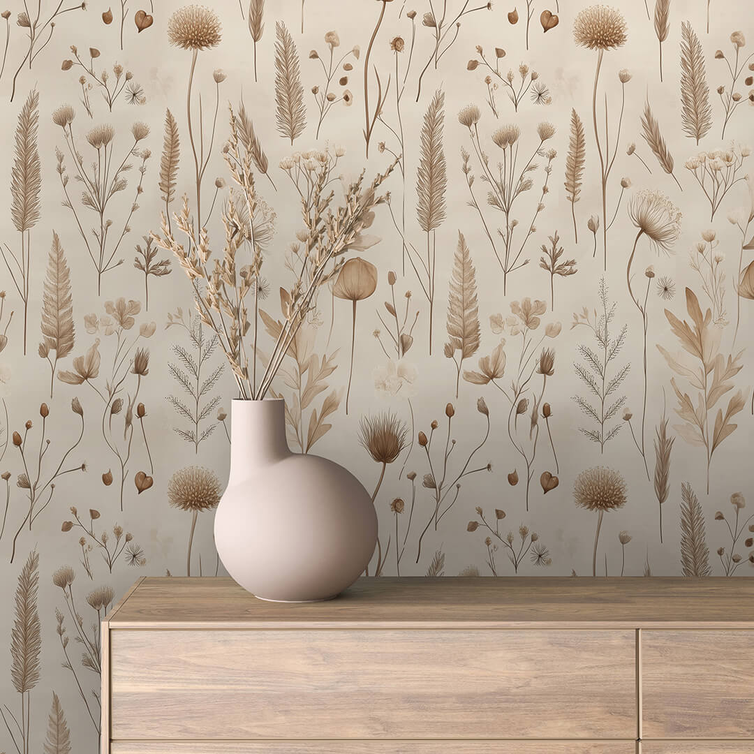 Tan Pressed Botanical Illustration Wallpaper Floral 0050
