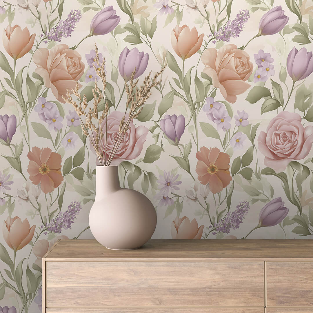 Peach Lavender Garden Bouquet Wallpaper Floral 0051