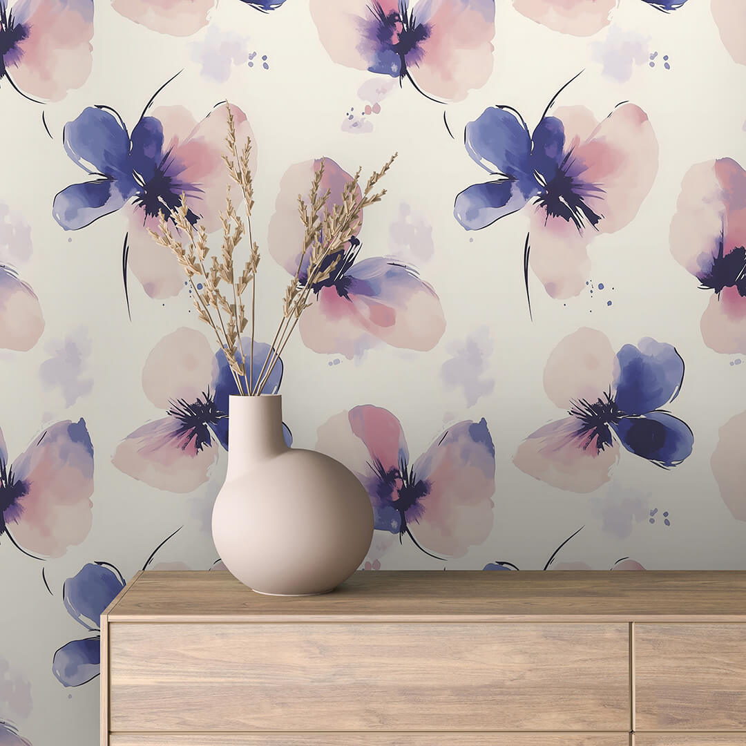 Indigo Pink Watercolor Poppy Wallpaper Floral 0054