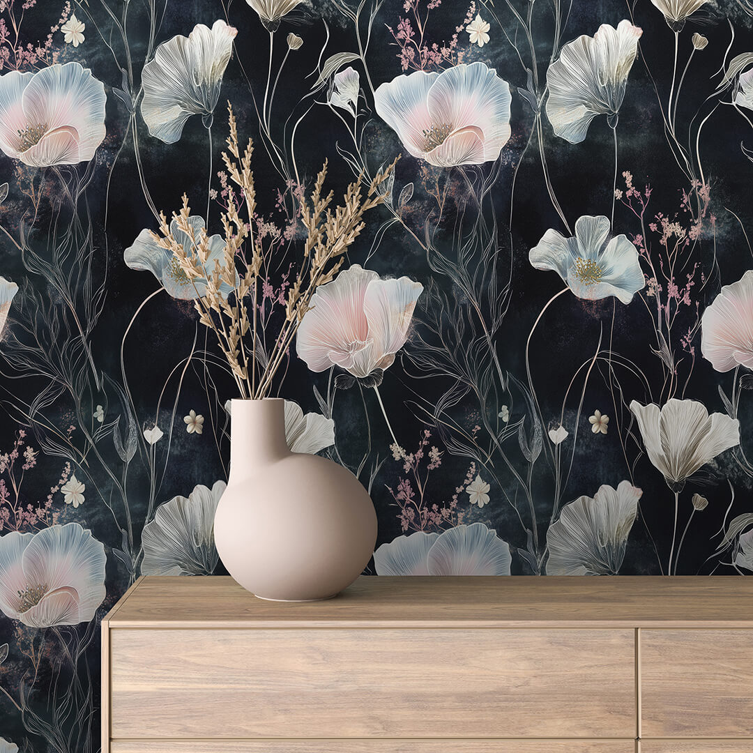 Midnight Poppy Line Art Wallpaper Floral 0064
