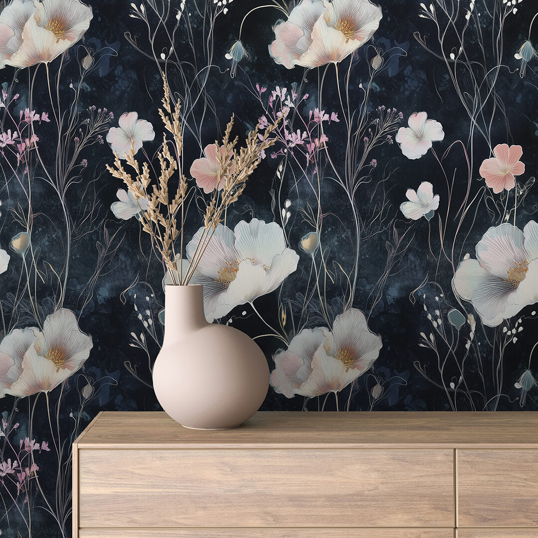 Midnight Wildflower Line Art Wallpaper Floral 0065