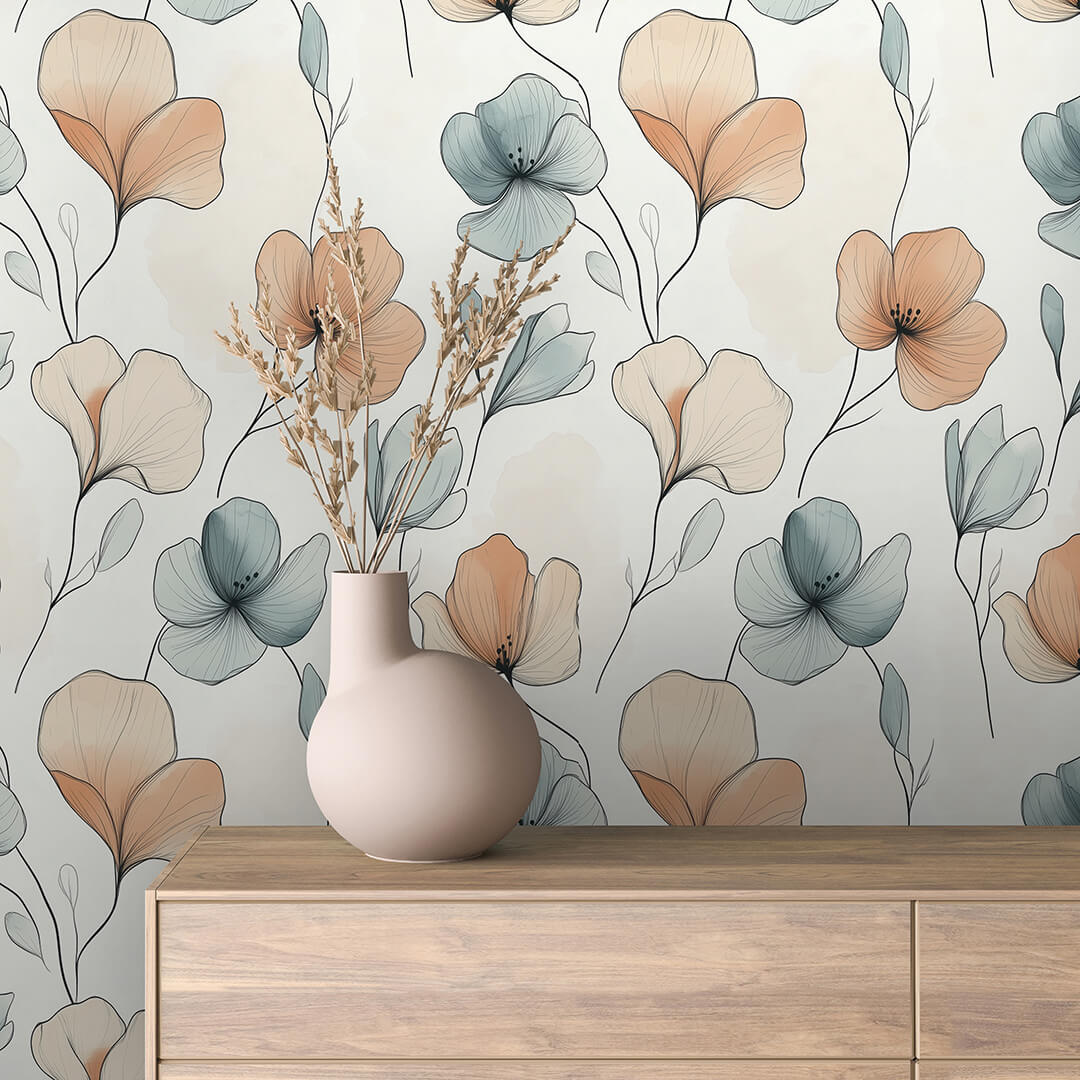 Blue Orange Line Art Floral Wallpaper Floral 0067