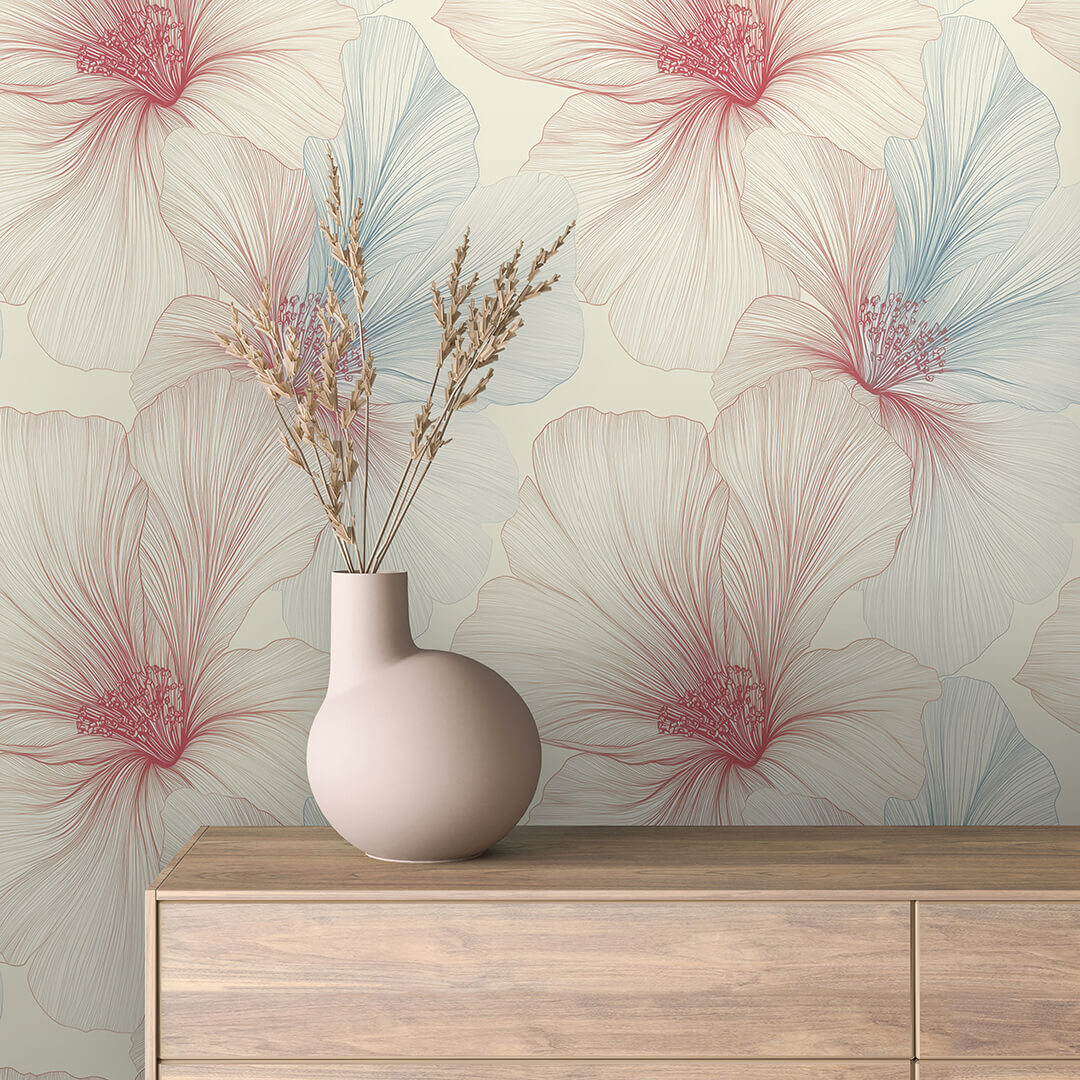 Red Blue Hibiscus Line Art Wallpaper Floral 0068
