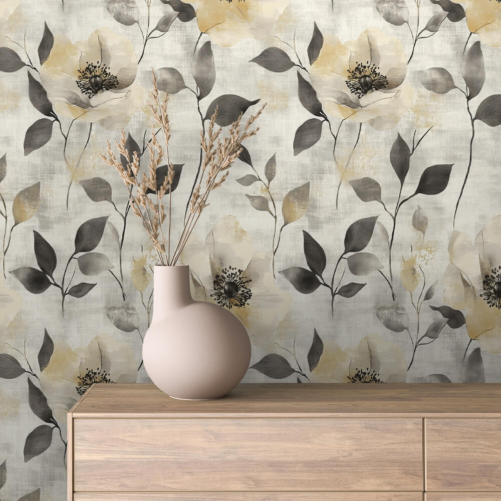 Charcoal Gold Leaf Floral Wallpaper Floral 0073