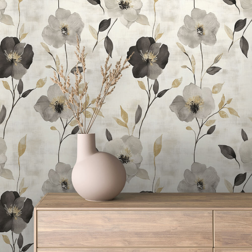 Bold Charcoal Gold Bloom Wallpaper Floral 0074