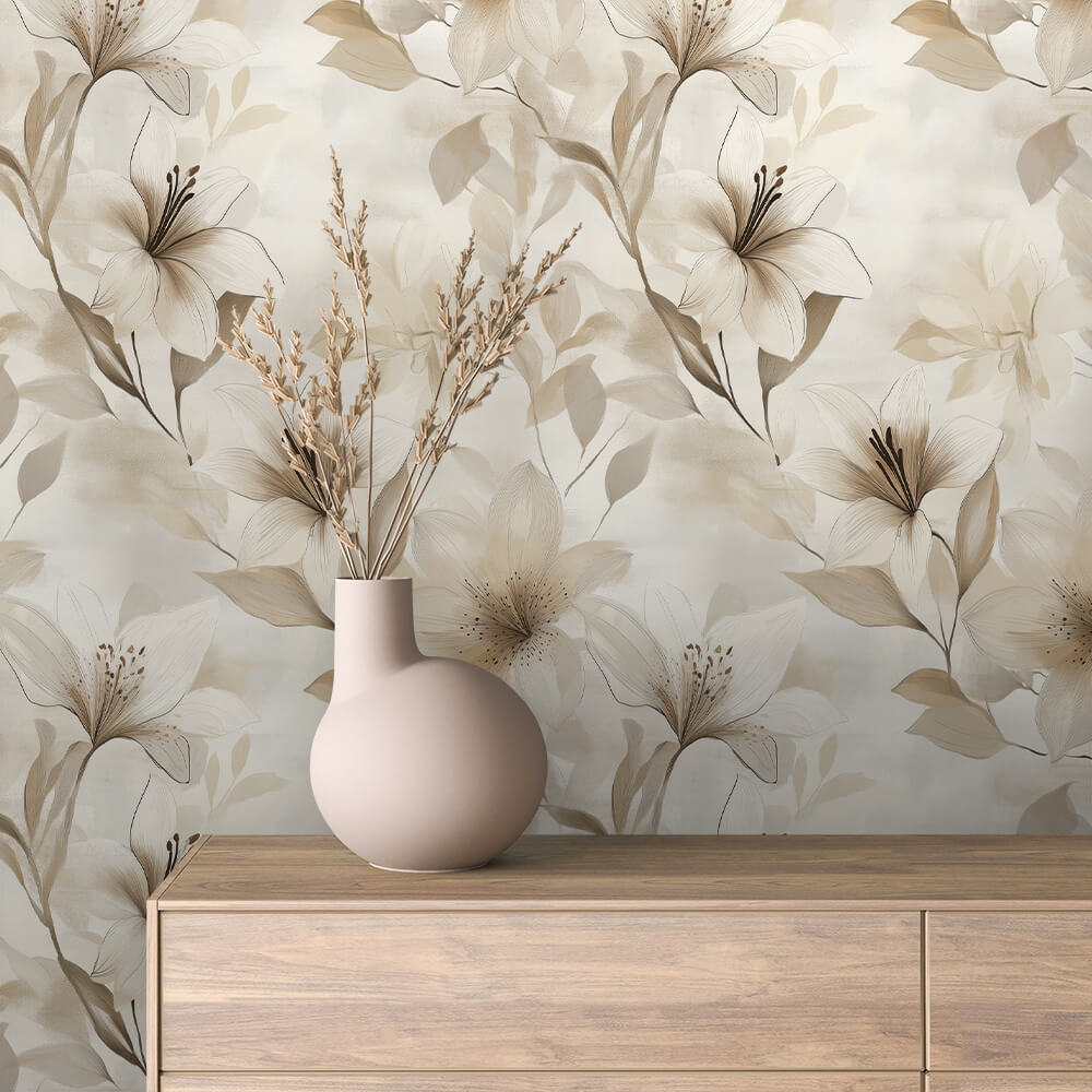 Sepia Lily Line Art Wallpaper Floral 0075