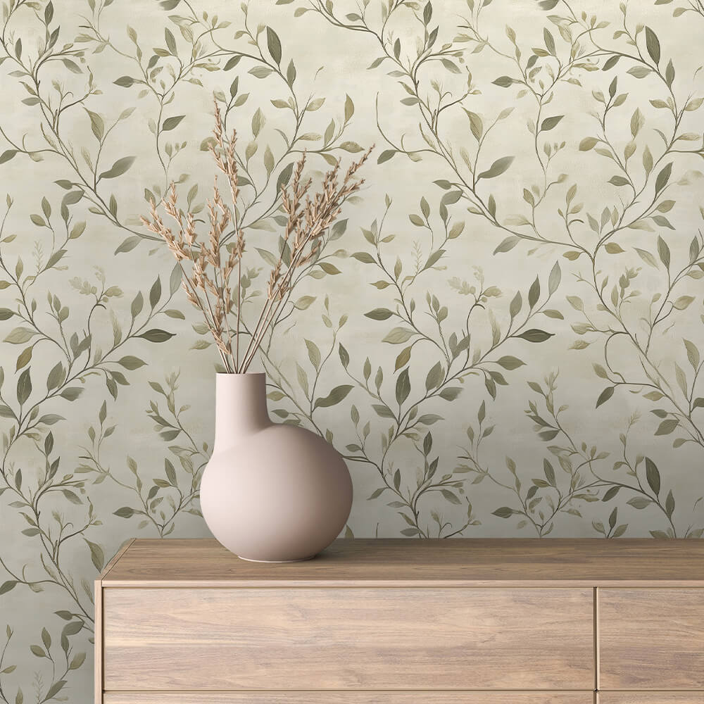 Sage Leaf Vine Trail Wallpaper Floral 0076