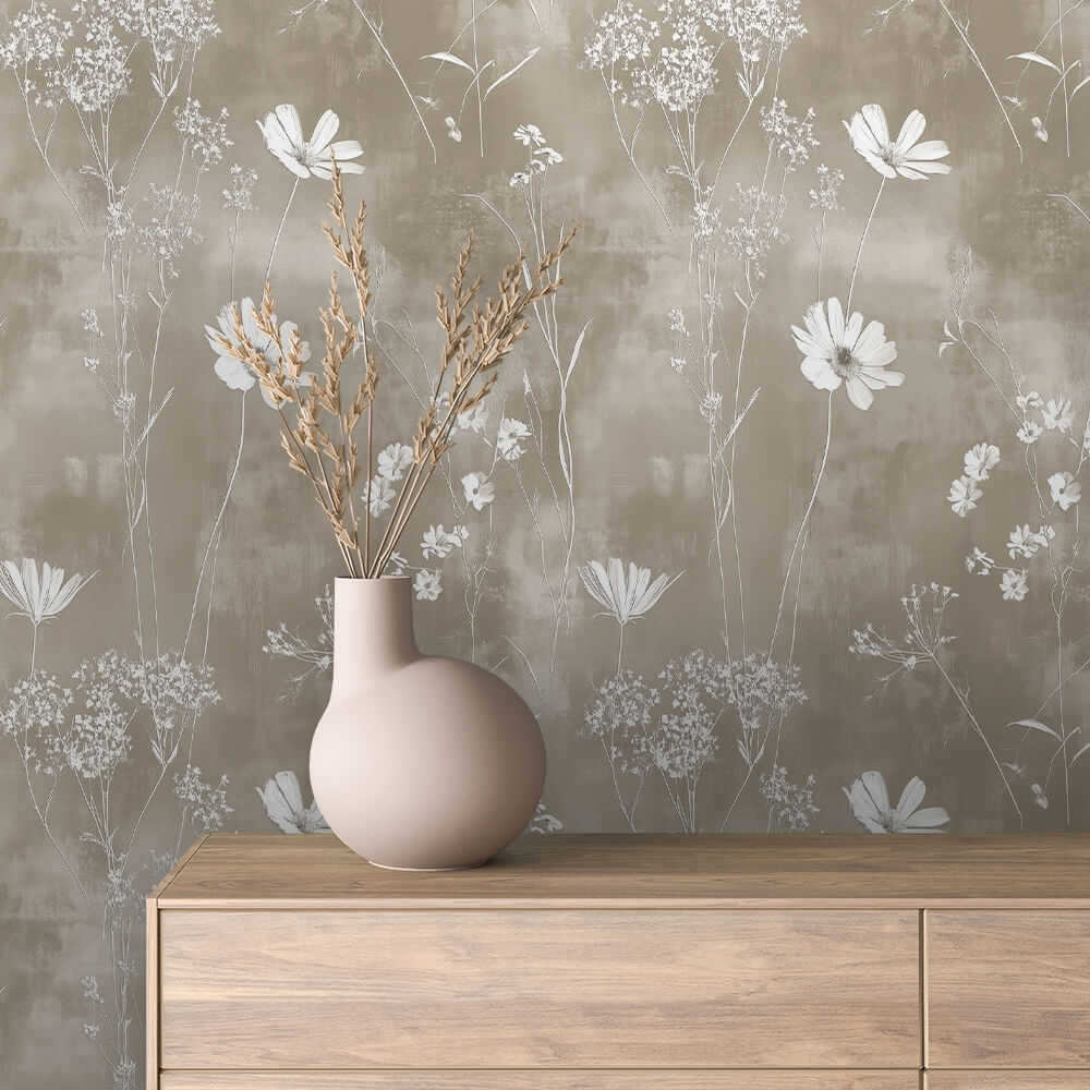 Beige Wildflower Silhouette Wallpaper Floral 0077
