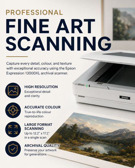 Epson Expression 1300XL fine art scanner shown in a styled office setting with a landscape photo print emerging from the scanner bed. The image includes marketing text highlighting high resolution, accurate color reproduction, and large format scanning capabilities.