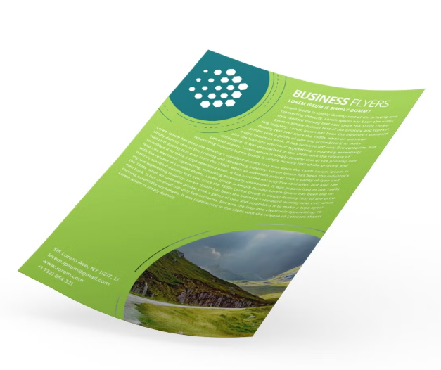 A single business flyer template or printed flyer sheet shown on a clean white background with a soft shadow. The flyer is lime green with a dark teal circular logo area containing white dots, the heading 'BUSINESS FLYERS,' body text, and a landscape photo near the bottom.