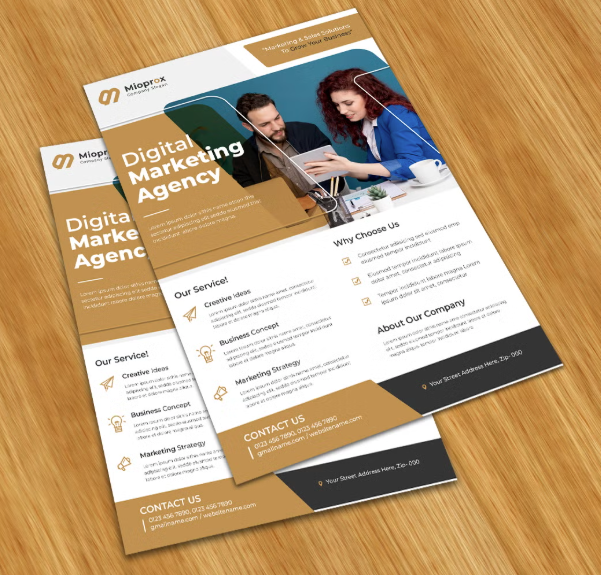 The brochures feature a modern design with a white and tan color scheme, a photo of a business meeting, and sections for services, why choose us, and contact information.