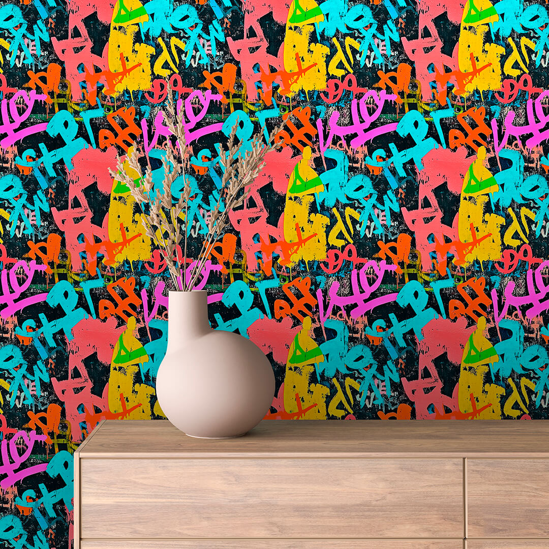 Neon Tag Lettering on Dark Wall Peel & Stick Wallpaper – Techno-Geek 0001