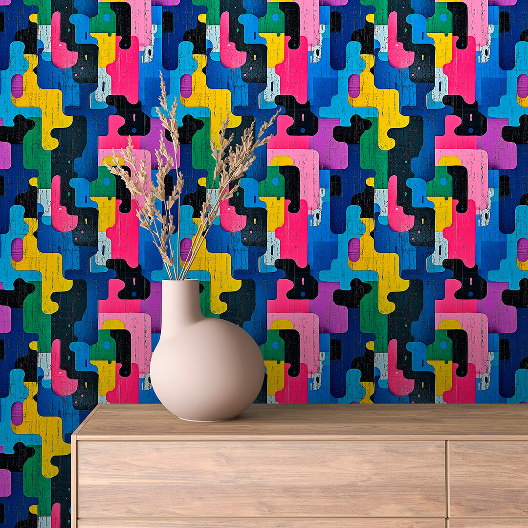 Distressed Interlocking Puzzle Blocks Peel & Stick Wallpaper – Techno-Geek 0006