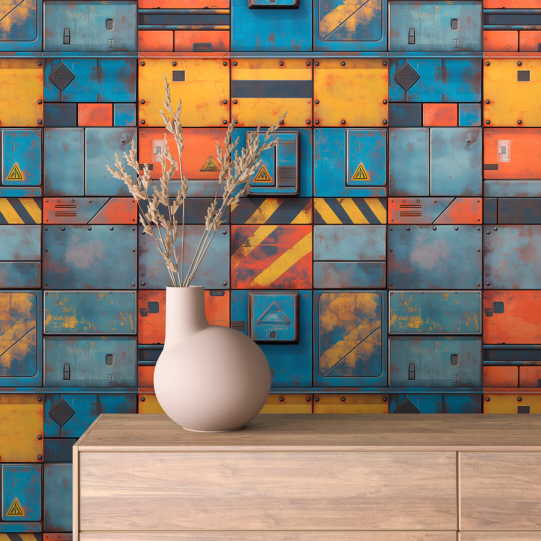 Orange Blue Hazard Stripe Panels Peel & Stick Wallpaper – Techno-Geek 0009