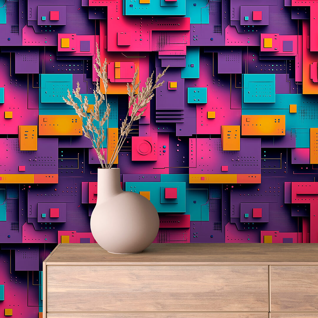 Neon Circuit Block Stack Peel & Stick Wallpaper – Techno-Geek 0016