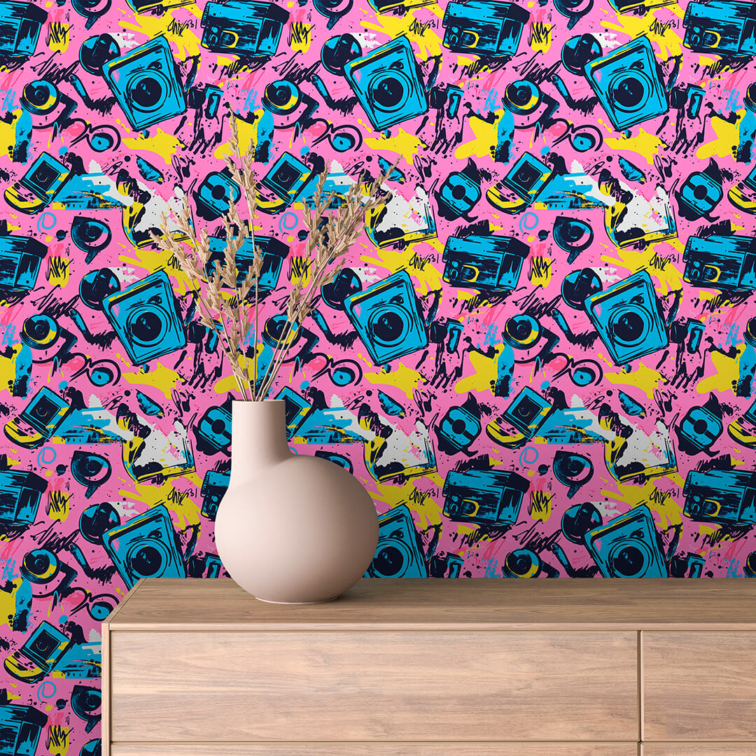 Pink Boombox Cassette Pop Peel & Stick Wallpaper – Techno-Geek 0021