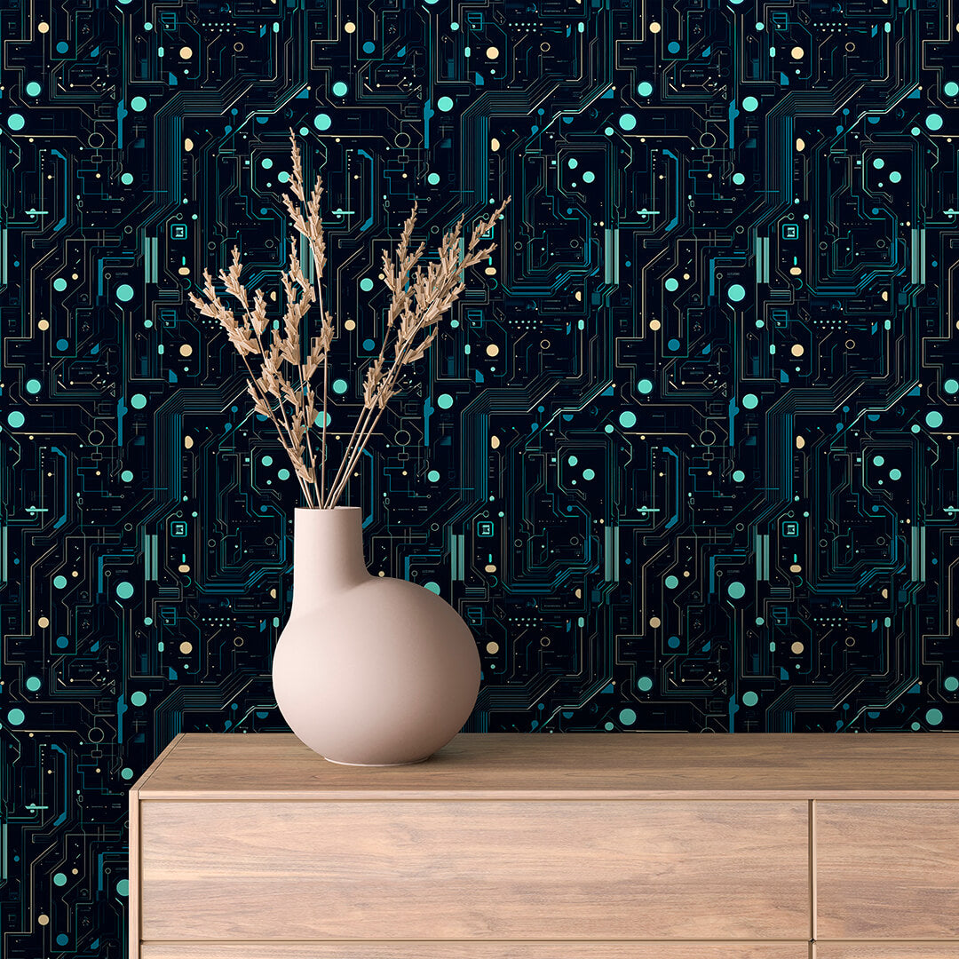 Teal Glow Dark Circuit Board Peel & Stick Wallpaper – Techno-Geek 0022