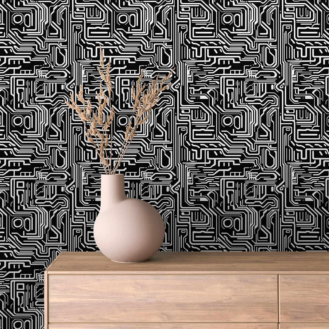 Black White Circuit Maze Peel & Stick Wallpaper – Techno-Geek 0023