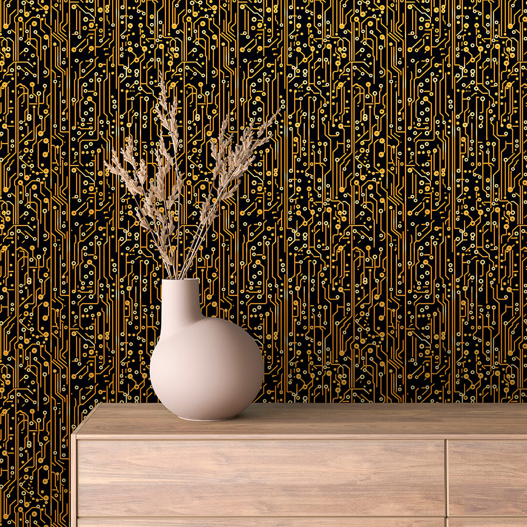 Gold Circuit Trace on Black Peel & Stick Wallpaper – Techno-Geek 0024