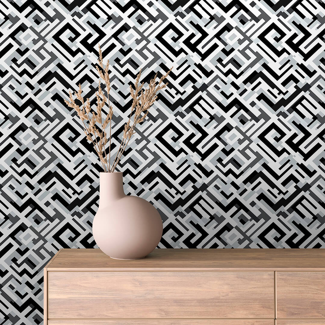 Monochrome Angular Key Maze Peel & Stick Wallpaper – Geometric 0011