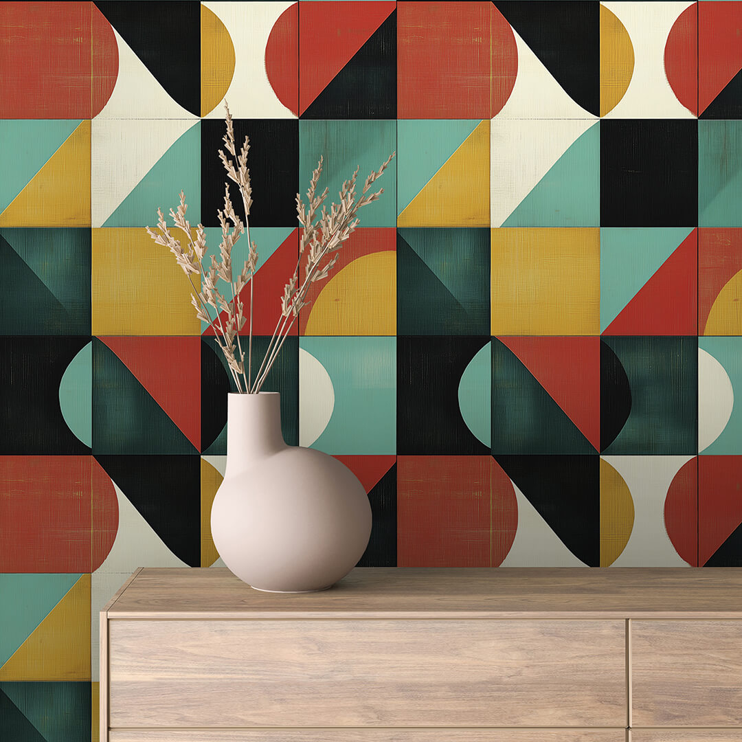 Mid-Century Terracotta Teal Tile Peel & Stick Wallpaper – Geometric 0016