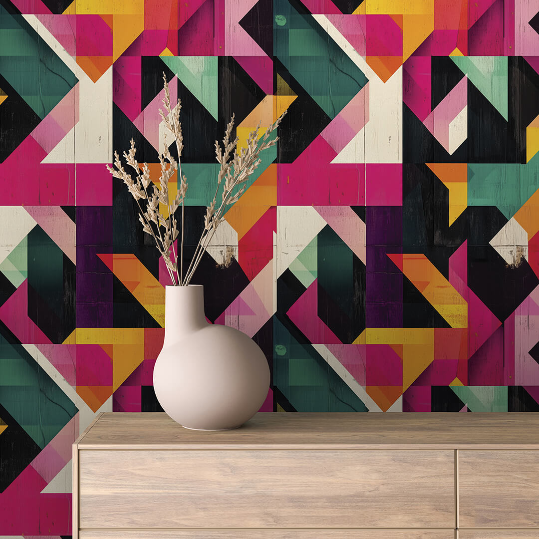 Magenta Emerald Angular Collage Peel & Stick Wallpaper – Geometric 0025